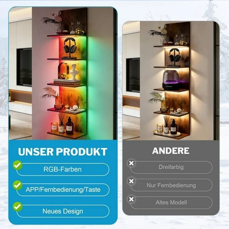 XERSEK Wandregal Bücherregal mit RGB+IC Lauflicht, Hängeregal Wandboard 30×18×117cm, App & Fernbedienung, Einzeln Ansteuerbare LEDs, Unsichtbare Montage, Wandboard Aufbewahrung & Zeigen von Kopfhörer Modelle Duft Dekoartikel – Bild 4