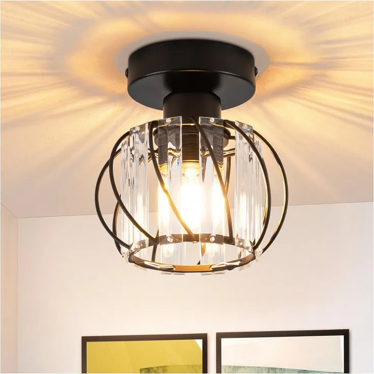 Nettlife Deckenleuchte Vintage Schwarz Kristall Modern E27 Küchenlampe Metall Rahmen, LED wechselbar, Innen Deckenbeleuchtung für Korridor Balkon Wohnzimmer Hotel
