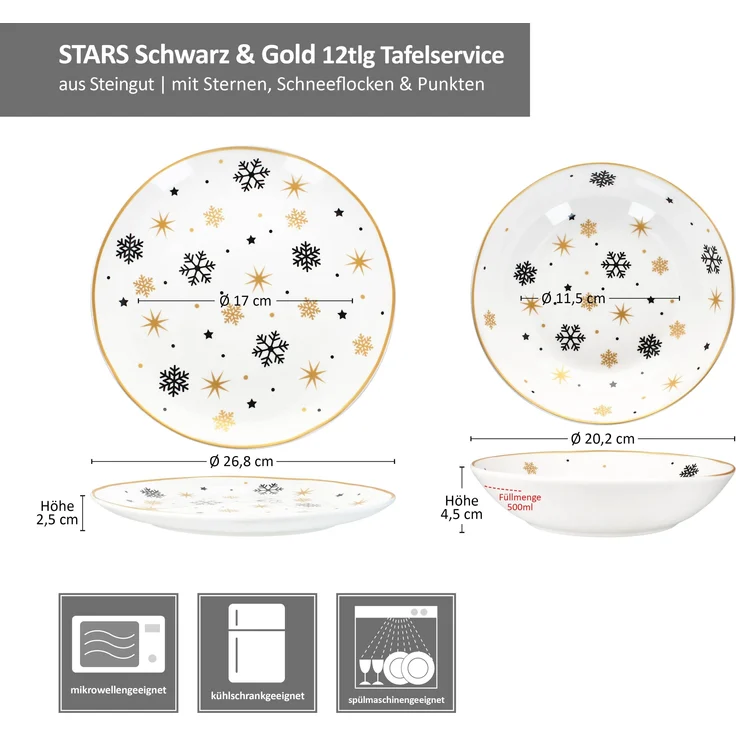 12tlg Tafelservice Stars schwarz gold 6 Personen Essteller Suppenteller Weihnachten – Bild 6
