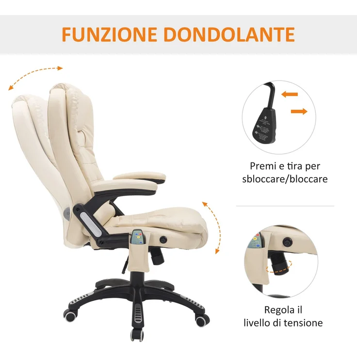 JARDJ Höhenverstellbarer Büromassagestuhl mit 6 Massagepunkten, PU, 62 x 68 x 111–121 cm, Beige – Bild 8