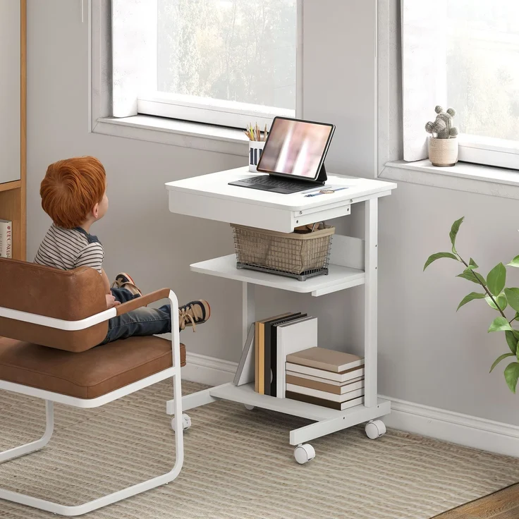 Computertisch auf Rollen, Schreibtisch mit Stauraum 56 x 51 cm mit Schublade, Fach und CPU-Halterung, weiß – Bild 9