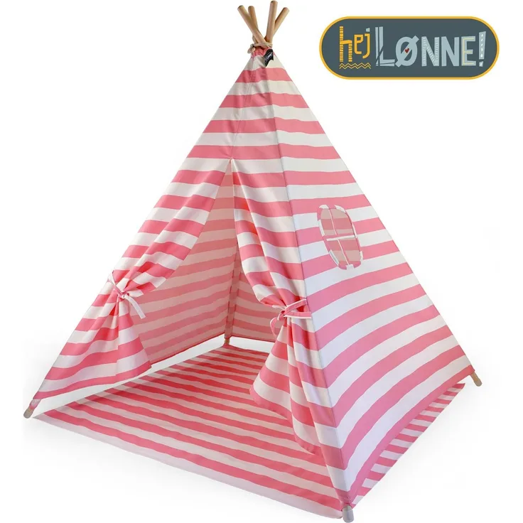 Hej Lønne Tipi Zelt für Kinder (rosa, gestreift), Indianerzelt, 4 Stangen, 120x120x150cm, Baumwolle