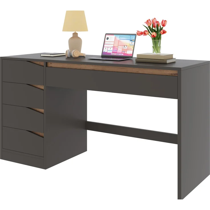 Schreibtisch mit 5 Schubladen, MDF, 140x50x78 cm, Grau mit Eiche-Optik – Bild 3