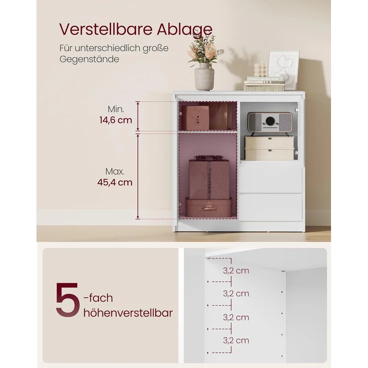 VASAGLE Kailyn Collection – Sideboard, Aufbewahrungsschrank mit Türen, 2 Schubladen und verstellbarem Einlegeboden, 40 x 70 x 74,5 cm, für Wohnzimmer, Küche, Arbeitszimmer, Wolkenweiß BBK243W01V1 – Bild 3