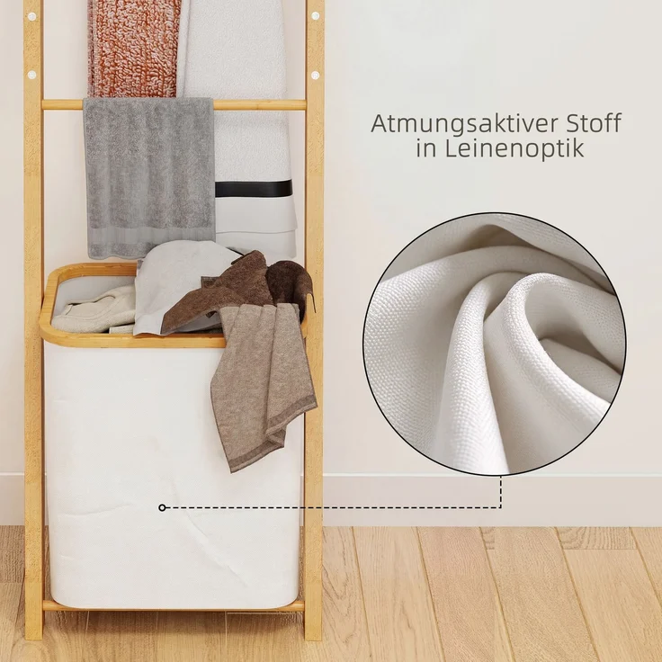 Badregal, 2-in-1 Badezimmerregal mit 3 Stangen, abnehmbarer 48L-Wäschekorb, Bambus, 43 x 35 x 133 cm, Cremeweiß--Cremeweiß--133x35x43cm--YOUDENOVA – Bild 8