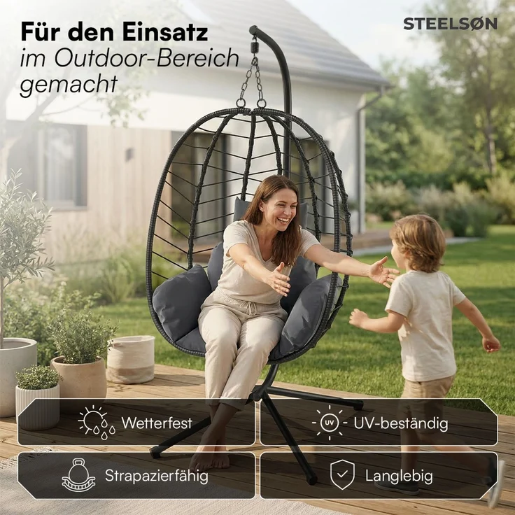 STEELSØN 'Alarian' Hängesessel mit Metallgestell, höhenverstellbar und faltbar, wetterfest, Polyrattan, dunkelgrau/schwarz, bis 150 kg belastbar, inkl. Kissen – Bild 6