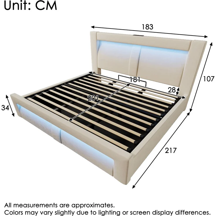 EINHOM Einzelbett 180 x 200 cm mit Stauraum, Hydraulisches Bett, LED-Beleuchtung mit APP-Steuerung, USB- & Type-C-Ladeanschlüsse, Samt, Kopfteil mit Gebogenem Design, Beige (Ohne Matratze) – Bild 2