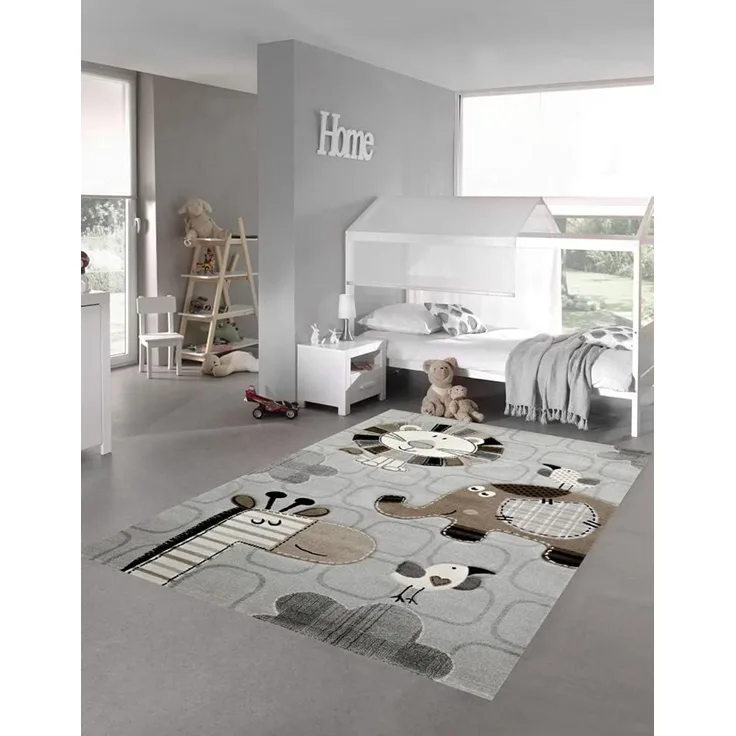 Kinderzimmer Teppich Spielteppich Zootiere Löwe Elefant Vögel Giraffe grau braun Creme, Größe 120 cm rund