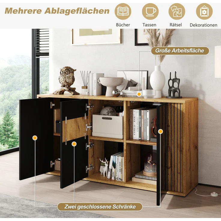 ZUBALIYA Sideboard 140x35x71 cm, mit 3 Türen, aus MDF / Spanplatte, Schwarz / Natur – Bild 6