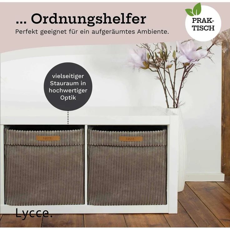 Lycce faltbare Aufbewahrungsbox - Cord, passend für Kallax Regal, abnehmbarer Bezug, robust, formstabil Taupe 31x33x33cm – Bild 8