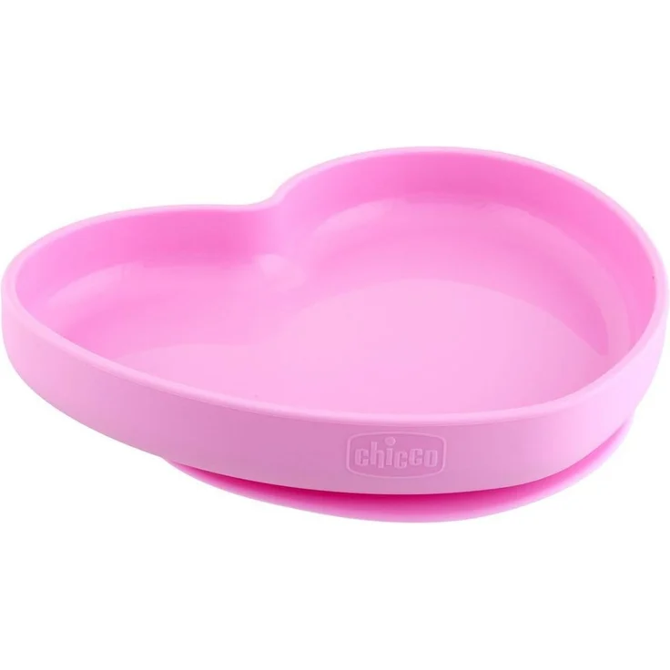 Chicco Herzförmiger Teller mit Saugnapf für Kinder, Silikon-Essens-Teller, weich und widerstandsfähig, spülmaschinenfest, mikrowellengeeignet, ab 12 Monaten, rosa