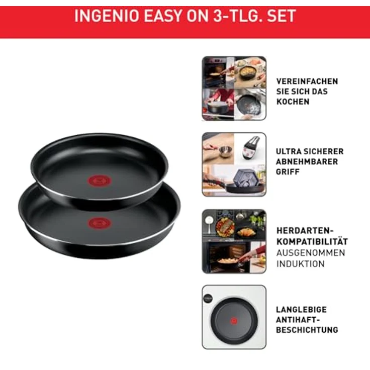 Tefal Ingenio Easy On 3-tlg. Kochgeschirr-Set, 2x Pfannen (24, 28 cm), 1x abnehmbarer Griff, kompakt, stapelbar, Antihaftbeschichtung, Thermo-Signal Temperaturanzeiger, Schwarz, L1599302 – Bild 4