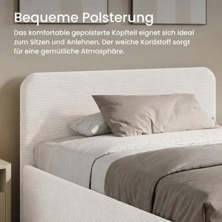 Home Collective Polsterbett mit Stauraum, verstellbarem Lattenrost, 6 Größen wählbar, hochwertiger Kordstoffbezug, Weiß, Federkern- oder Kaltschaummatratze – Bild 5