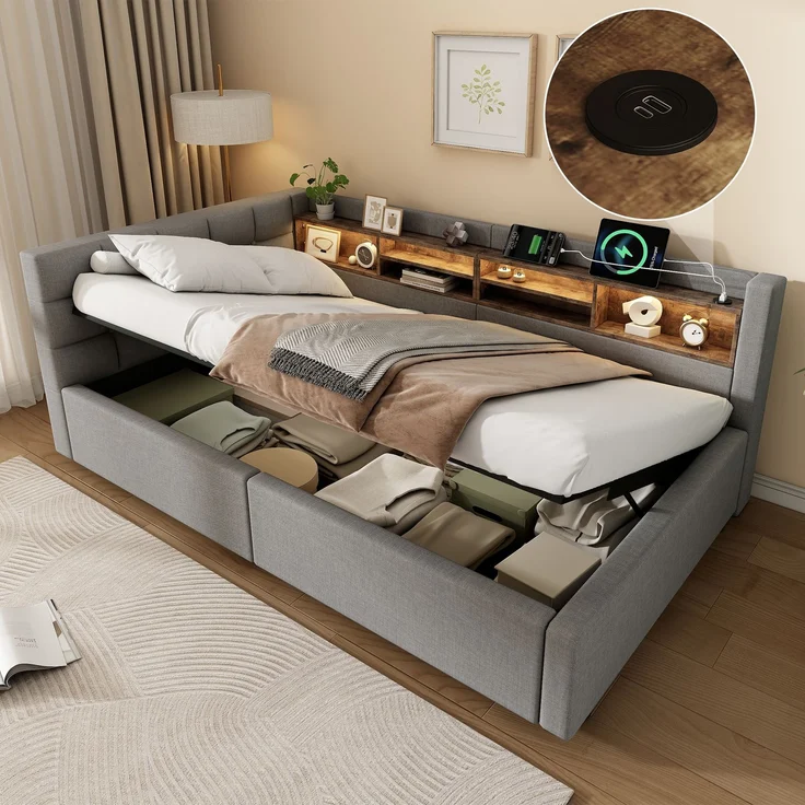Daybett, Tagesbett, Schlafsofa,90x200cm, Ohne Matratze, Hydraulische Lagerung, mit dimmbarer LED-Leiste, mit praktischem Regal, mit USB-Anschluss, Grau – Bild 2