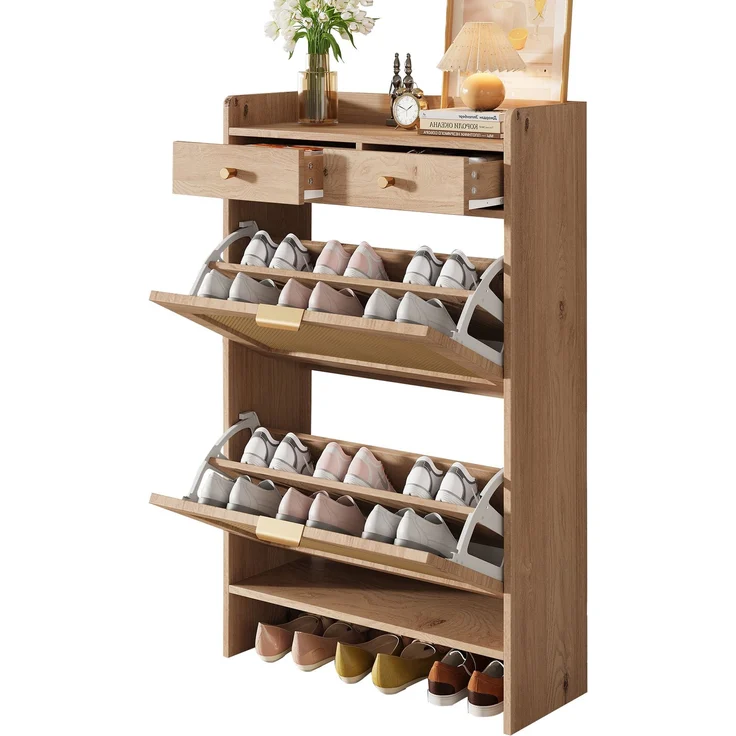ZUBALIYA Schuhschrank (65 x 25 x 106 cm), 2 Klappfächer und 2 Schubladen, Fronten in Flechtoptik, Aus Spanplatte, Naturfarben – Bild 14