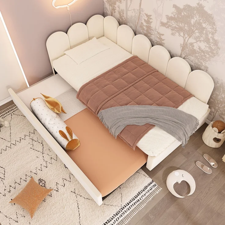 Daybett 90x200 cm mit Ausziehbett 90x190 cm – gepolstertes Schlafsofa aus Samt in Beige – Bild 1