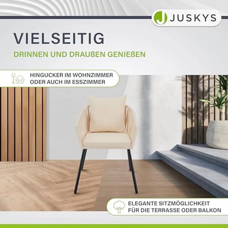 Juskys Rope Stühle 2er Set - Gartenstühle mit Seilgeflecht & Polster - wetterfester & bis 160 kg belastbar - Stahl mit Pulverbeschichtung - Beige – Bild 8