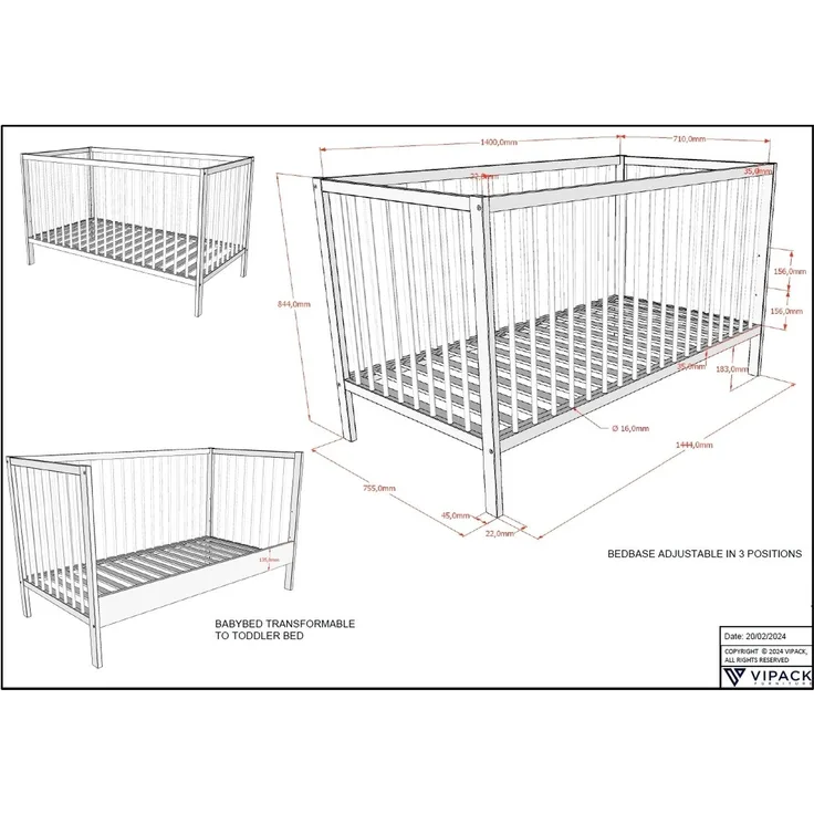 Babybett >Dino< in Buche Weiß, Massivholz - 144x84,4x75,5cm (BxHxT)