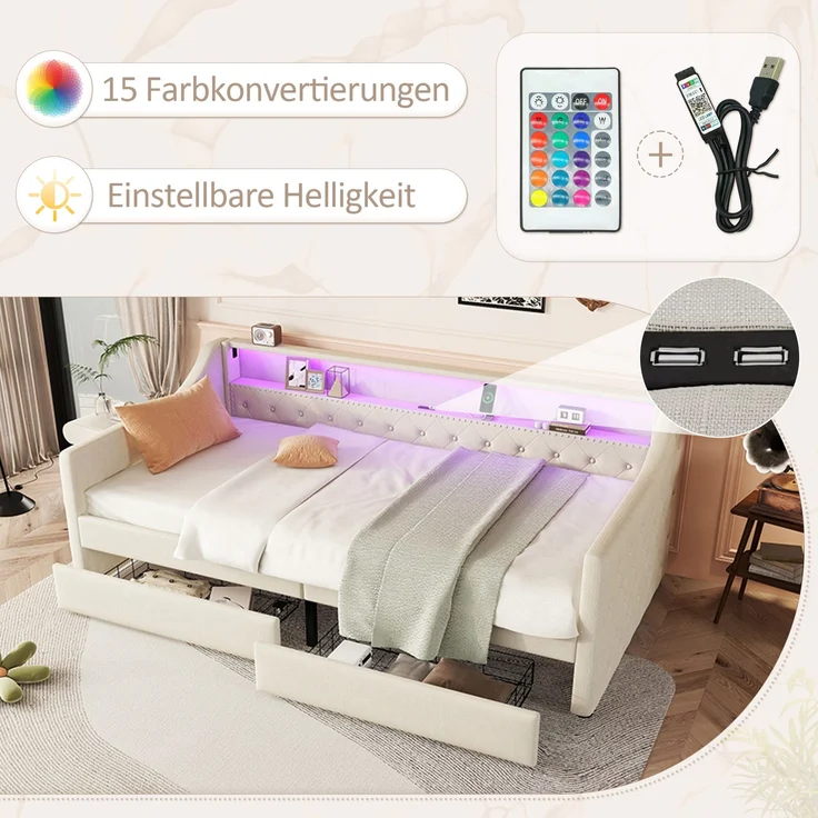 Bett 90x200 cm aus Leinen mit LED-Ambiente und Stauraum – Bild 6