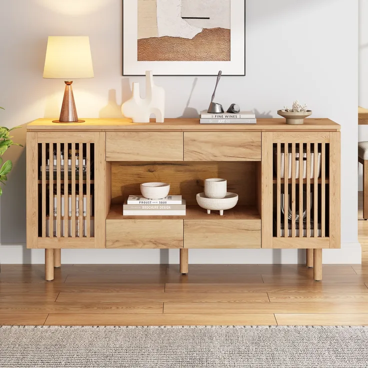 Sideboard 140 x 35 x 71 cm mit 4 Schubladen und 2 Lamellentüren, MDF in Naturholzfarbe
