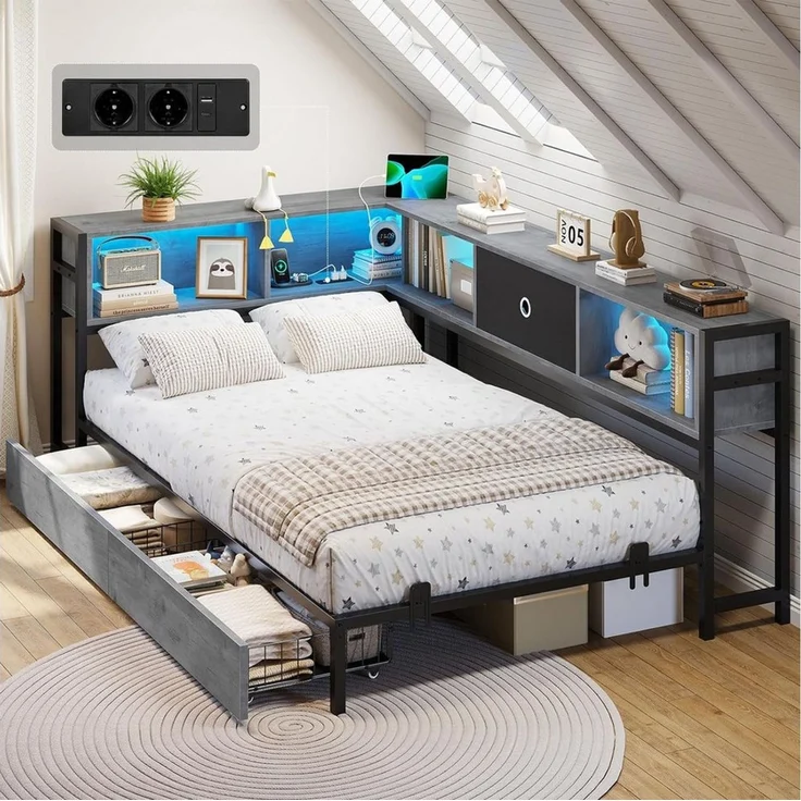 MSMASK Daybett Schlafsofa mit LED-Beleuchtung und Steckdose, Kinderbett, Jugendbett (1 tlg), Bett mit Metallrost, 90x190cm – Bild 5