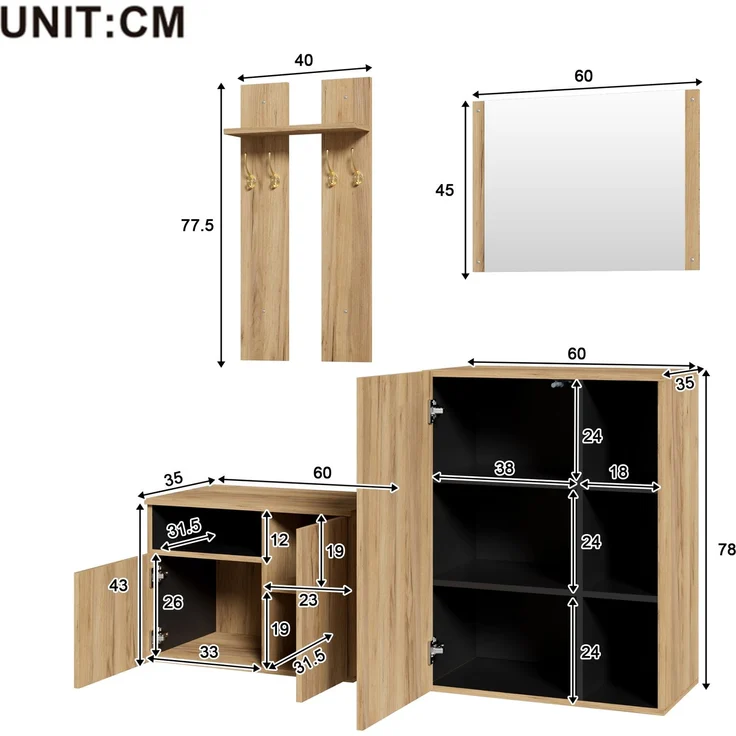DESVIAE Garderobenschrank-Set 4-in-1 Schwarz/Natur aus MDF/Spanplatte – 120x123x35 cm – Spiegel, Schuhbank – Bild 7