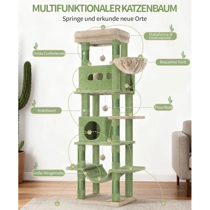 Kratzbaum groß, 170 cm hoch, Katzenbaum, mit 8 Kratzbäume, 2 Höhlen, groß Plattformen, Waschbare Matte, Hängematte, Plüschbälle, mehrstöckiger katzenkratzbaum, Grün Braun – Bild 3
