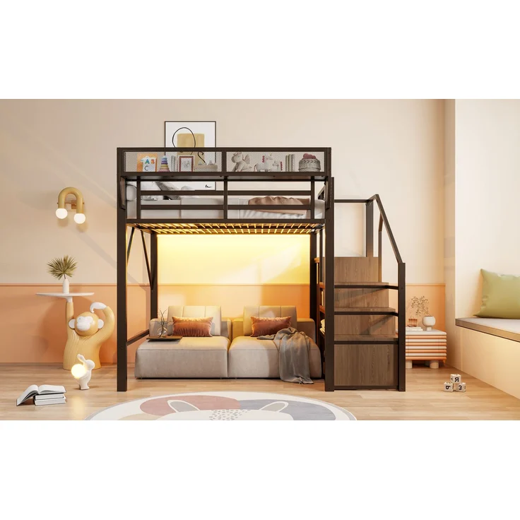 ZUBALIYA Hochbett 140 × 200 cm, Metall, LED-Beleuchtung, Leiter, Schwarz – Bild 17