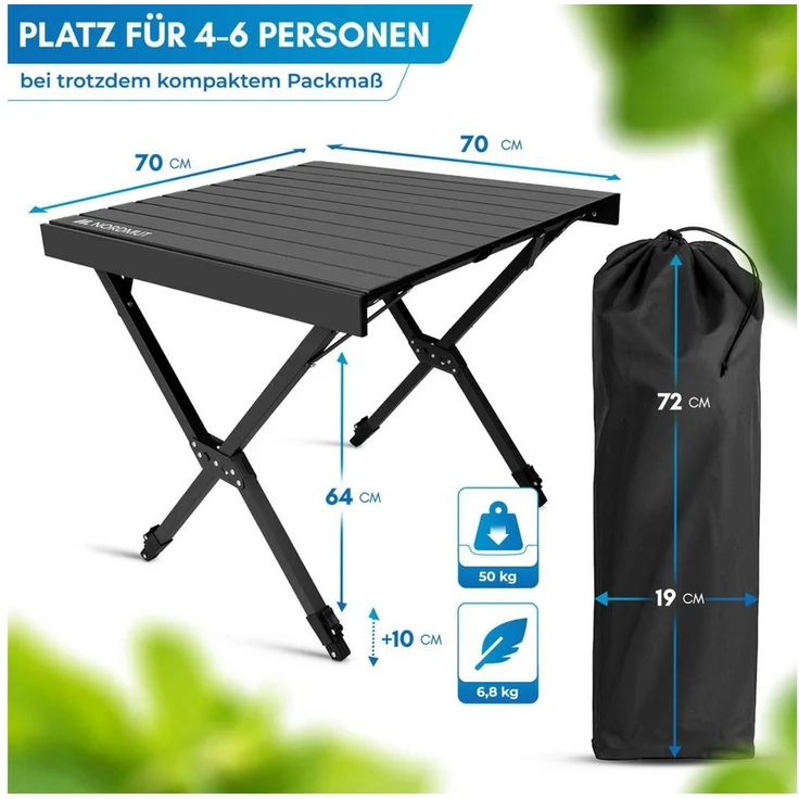 Nordmut Campingtisch Outdoor Tisch klappbar 110x70 cm höhenverstellbar Aluminium (kratzfeste Tischplatte für Camping Garten Balkon & Festival), wetterfester Klapptisch mit Tragetasche bis 50 kg belastbar – Bild 2