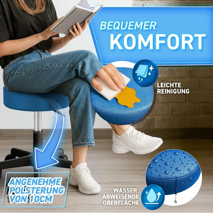 TRESKO® Rollhocker mit Lehne 150 kg Blau | Arbeitshocker höhenverstellbar 46-58 cm | Drehhocker mit Rollen | Bürostuhl Hocker Drehstuhl Kosmetikhocker – Bild 6