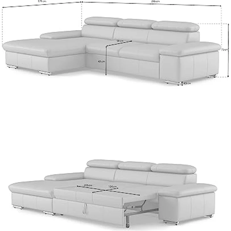 CAVADORE Echtleder-Schlafcouch Valerie mit XL-Longchair / Ecksofa mit Bettfunktion, Kopfteilverstellung + großem Longchair / 286 x 73 x 174 / Leder Dunkelbraun – Bild 6