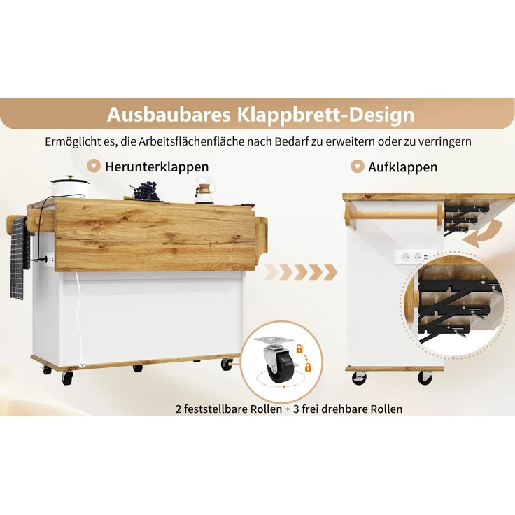TavilaEcon Küchenwagen mit ausklappbarer Arbeitsplatte & Stromanschluss weiß H 88 cm, B 134 cm – Bild 8