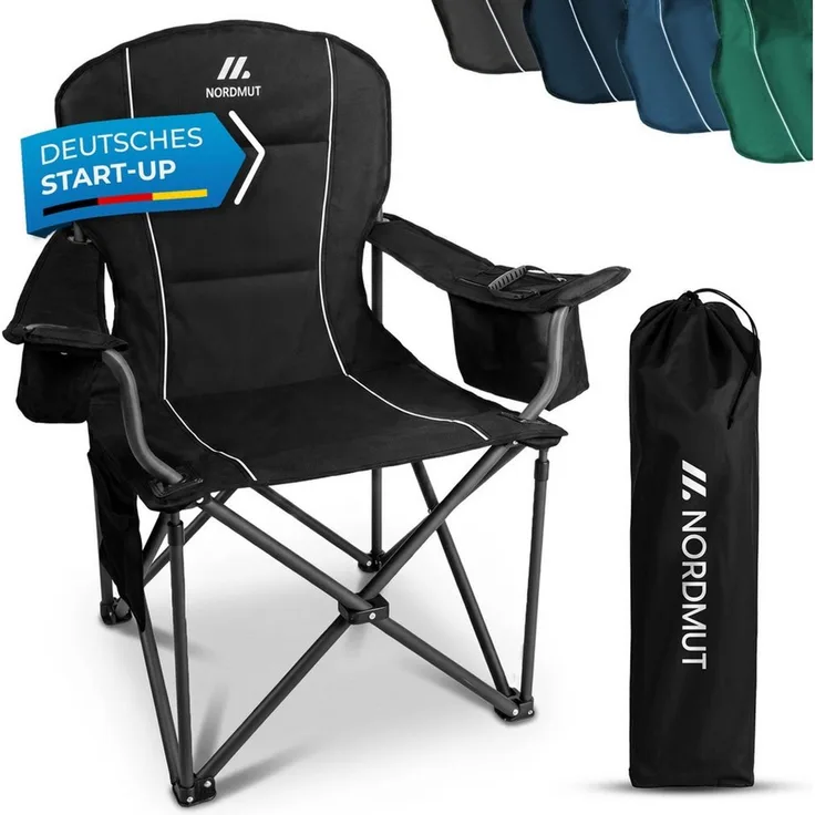 Nordmut Campingstuhl Klappstuhl faltbar, Outdoor Strand Angeln Garten, 200 kg, Armlehne (Spar-Set, 1 St), Kühltasche, Getränkehalter, breite Sitzfläche, gepolstert, wetterfest