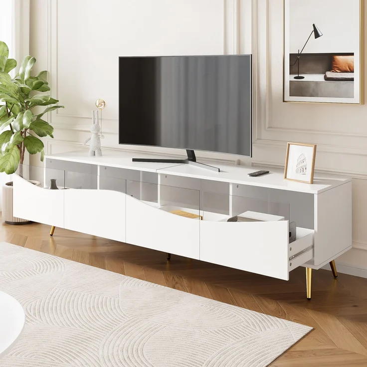 Merax 180cm TV-Schrank Lowboard mit LED-Beleuchtung, holzfarbener Korpus, goldenen Metallfüßen, Glasfront & Stauraum, Weiß – Bild 6