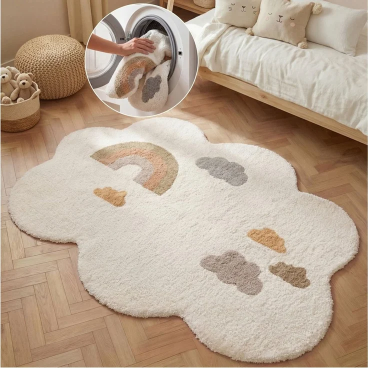 Hanse Home Kinderteppich Willy - Pflegeleichter Teppich Junge Mädchen, rutschfest&Waschbarer Formteppich Wolke Regenbogen, Kinderzimmer Weicher Spielteppich, Unterlage - Creme Multifarben, 140x200 cm – Bild 1