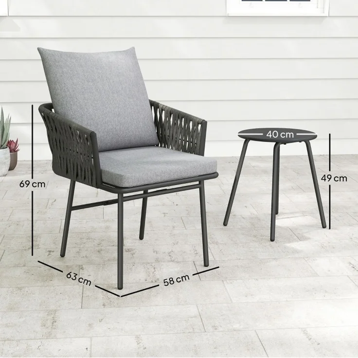 Essstuhl-Set mit Tisch 40x40x49 cm und Stühlen 58x63x69 cm, Grau, Stahlrahmen, Rattan, abnehmbare Bezüge – Bild 8