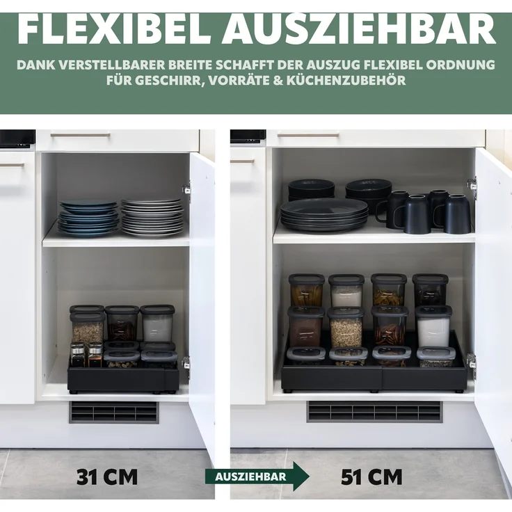 Teleskopschublade mit Einlegeboden, ausziehbar, Breite von 31-51 cm, zum Kleben oder Bohren, aus schwarzem Metall – Bild 3