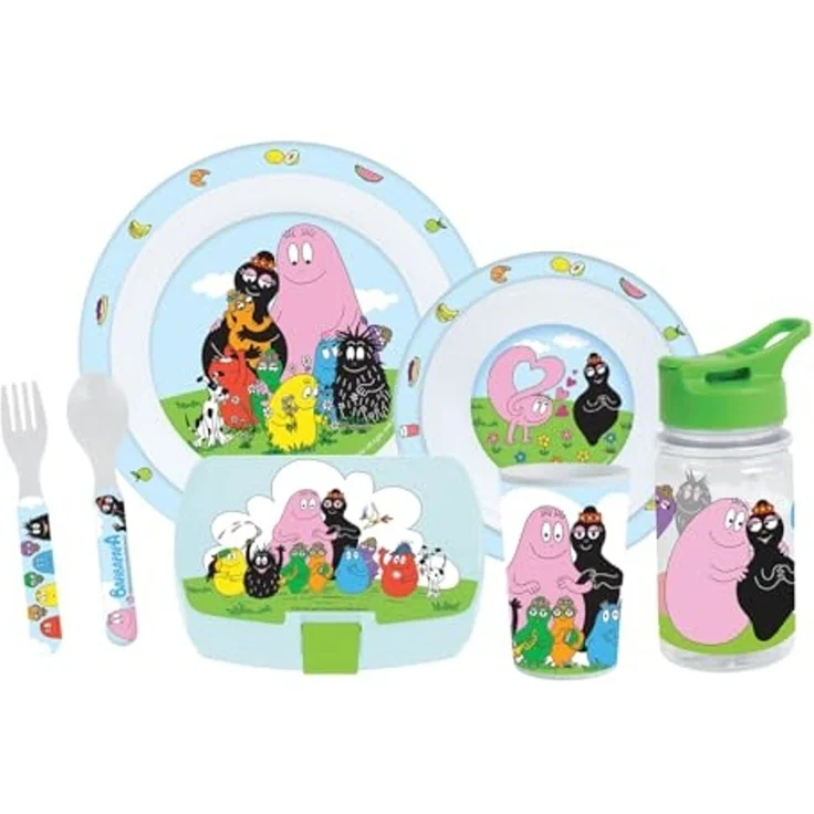 FUN HOUSE | Komplettes Set Lunchbox Barbapapa für Kinder | 1 Glas, 2 Teller + Besteck + Trinkflasche und Brotdose | offizielles Lizenzprodukt | wiederverwendbar und mikrowellengeeignet | Geschenkidee – Bild 1