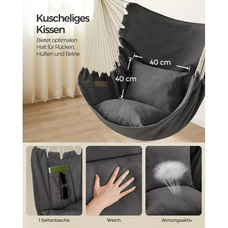 Songmics Hängesessel, Hängeschaukel, Hängestuhl mit 2 Kissen, Metallkette, bis 150 kg belastbar, Indoor und Outdoor, Wohnzimmer, Schlafzimmer, anthrazitgrau GDC187G02 – Bild 2
