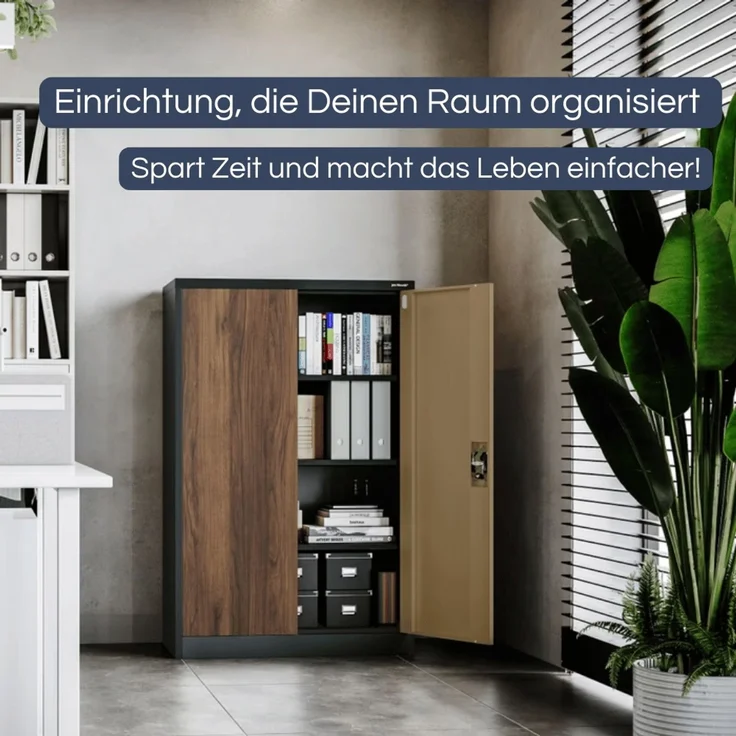 Aktenschrank abschließbar KADO - 4 Ebenen verstellbar, Flügeltüren | Metallschrank Werkstatt Mehrzweckschrank Büroschrank aus Stahl Werkzeugschrank, 140x90x40cm Anthrazit-Nussbaum – Bild 3