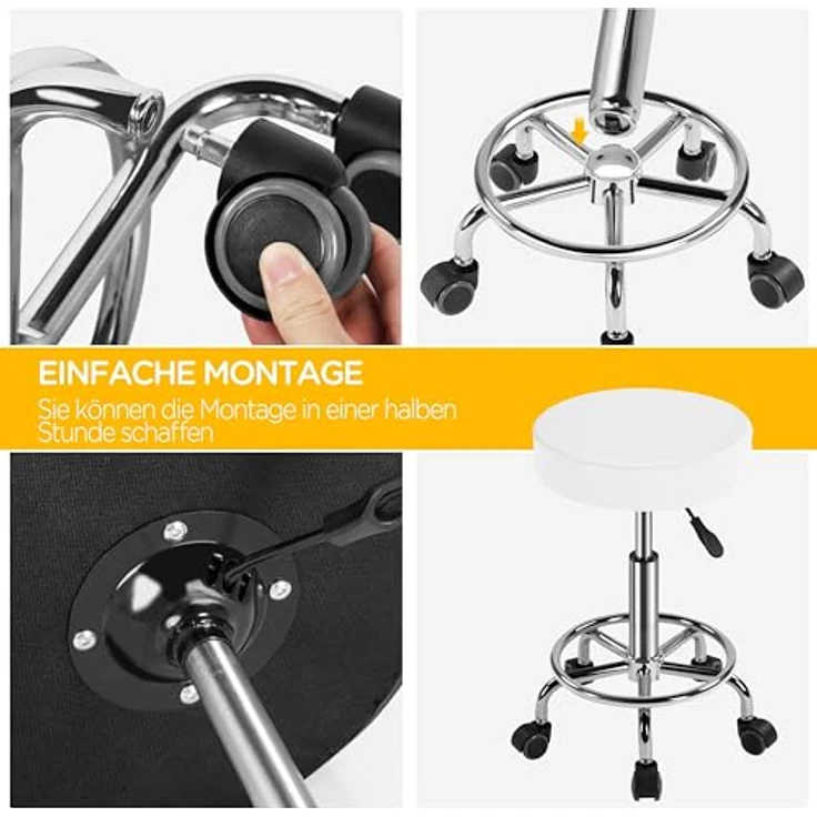 Yaheetech Rollhocker Höhenverstellbar 50,5–65 cm Sitzhöhe Drehhocker 360° Drehbar Bürohocker bis 120 kg Arbeitshocker mit Rollen Hocker Weiß – Bild 6