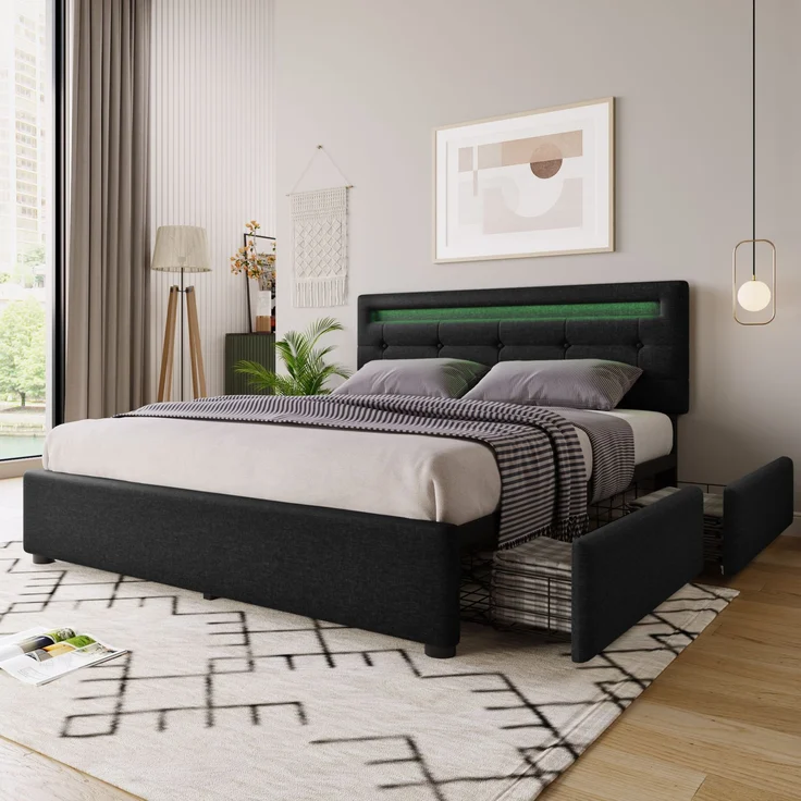 Einzelbett 140 × 200 cm mit LED-Beleuchtung, verstellbarem Kopfteil, 4 Schubladen, Leinenbezug in Schwarz, modernes Design,inklusive Matratze – Bild 3