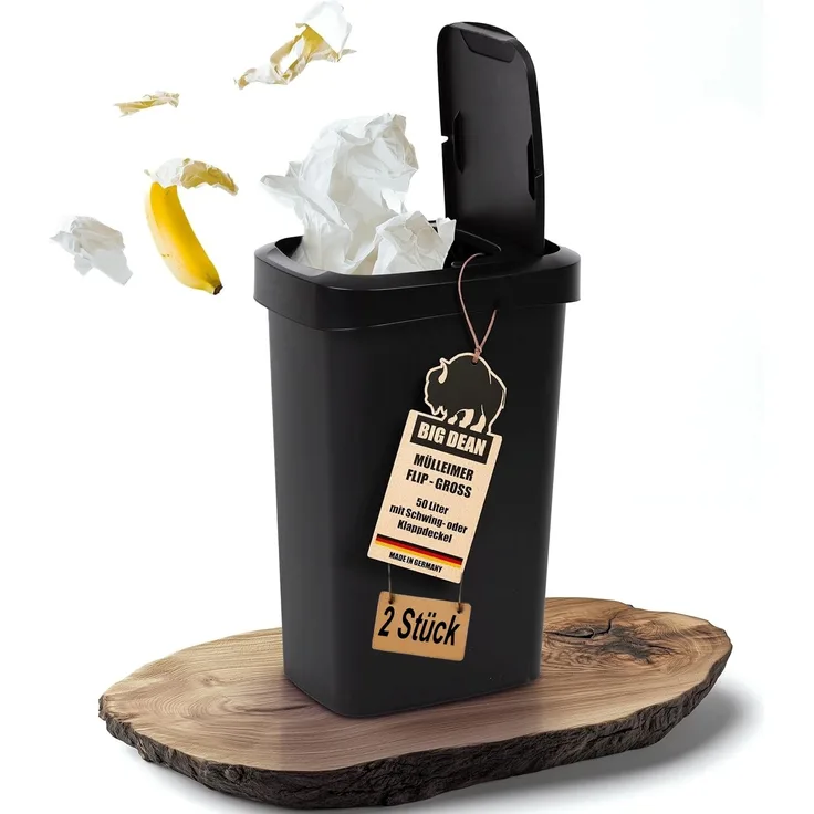 BigDean 2x Mülleimer 50 Liter Schwing & Klappdeckel schwarz Küche