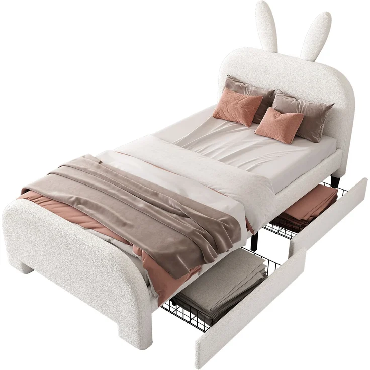Kinderbett 90x200 Weiß mit Kaninchen-Kopfteil und 2 Schubladen,Gepolstertes Bett aus Lammwolle und MDF, Cartoon Bunny Design – Bild 6