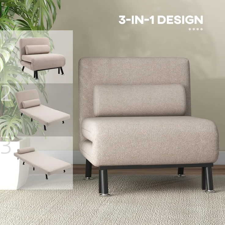 HOMCOM Sessel mit Bettfunktion, Rückenkissen (Klappbett mit Bettfunktion, 1-St, Schlafsessel), für Schlafzimmer, Beige, 75cm x 70cm x 75cm – Bild 6