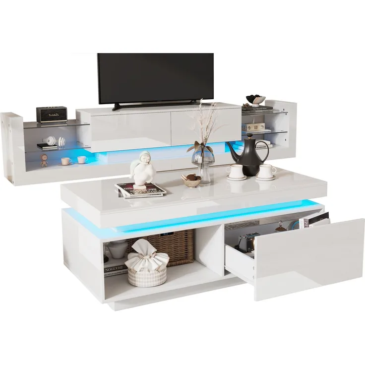 TV-Wandschrank-Set, TV-Schrank + Couchtisch, Hochglanz-Wandschrank, Wohnzimmerset, Hochglanz-Set mit LED-Leuchten,Weiß--Weiß--112.27x59.05x16.51cm--YOUDENOVA