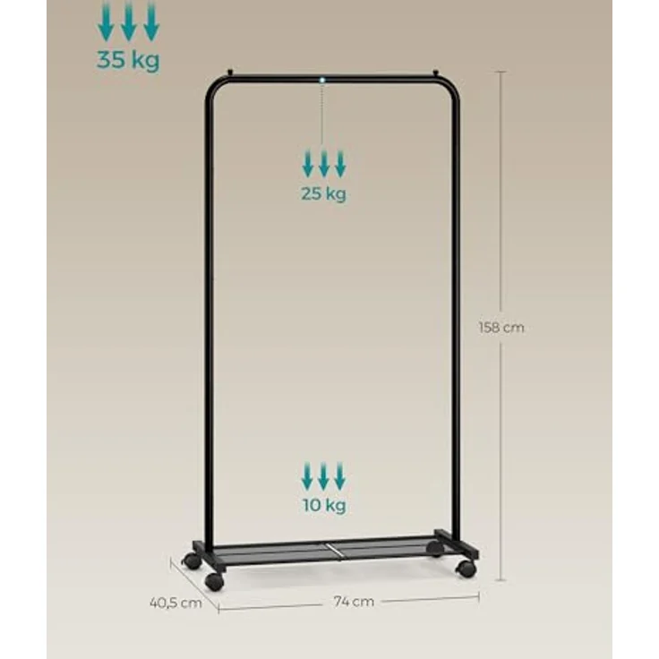 Songmics Kleiderständer, Kleiderstange auf Rollen, Garderobenständer 74 cm breit, Rollgarderobe mit Gitterablage, bis 35 kg belastbar, 2 Rollen arretierbar, Stahlrahmen, schwarz HSR130B01 – Bild 7
