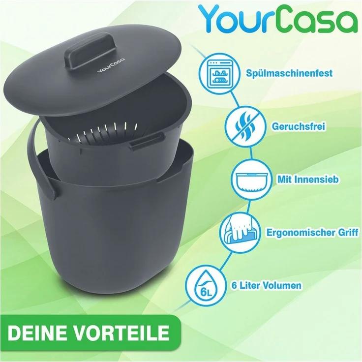 YourCasa Biomülleimer Küche 6L für alltäglichen Biomüll Spülmaschinenfest mit Sieb, Spülmaschinenfest, 6L Fassungsvermögen – Bild 3