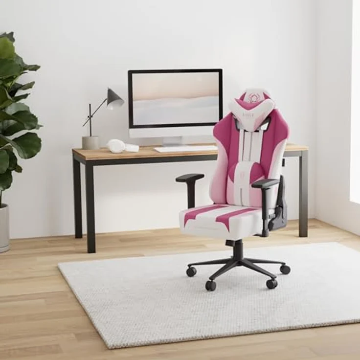 Diablo X-Player Gaming Stuhl Bürostuhl Schreibtischstuhl Stoff 3D Armlehnen Ergonomisches Design Nacken/- Lendenkissen Marshmallow Pink Normal (L) – Bild 3