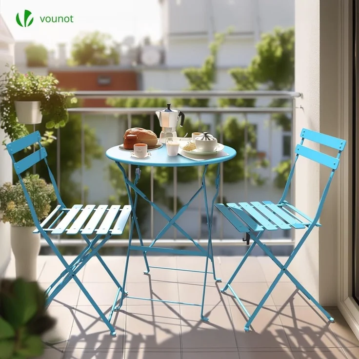 VOUNOT Bistroset 3-teilig, Klappbar Bistrotisch mit 2 Stühlen, Gartenmöbel Set Balkonset Gartengarnitur, Sitzgruppe Metall, Bistro Set Outdoor, Blau – Bild 3